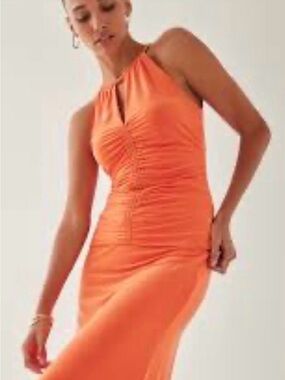 White House Black Market Orange Ruched Halter Maxi Dress